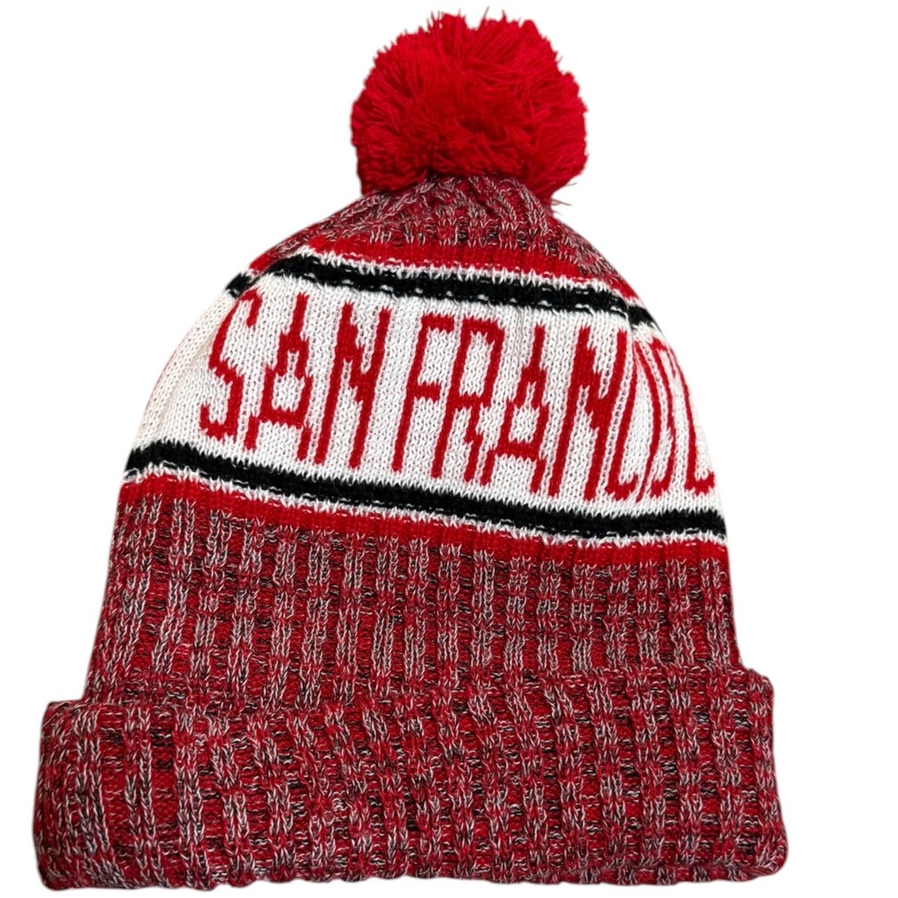 San Francisco Knit Beanie Hat Pom Pom Red White Fleece Lined Winter Cap - Picture 2 of 4